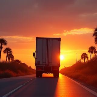 Moving truck driving on a Florida highway at sunset